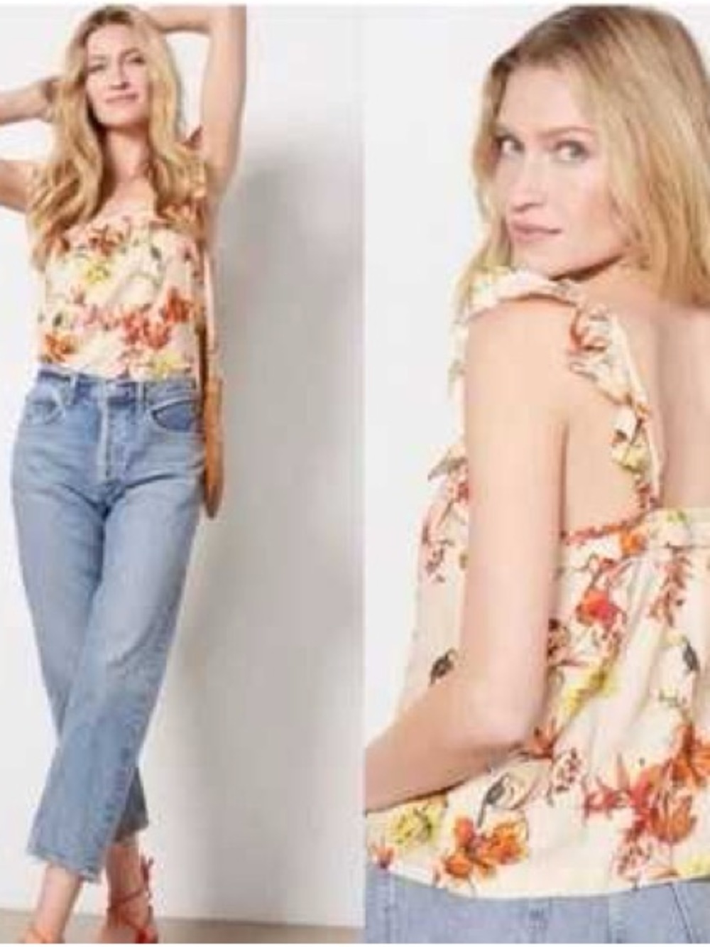 EUC Evereve Cream Floral Ruffle Tie-Waist Camisole with Coral Accents